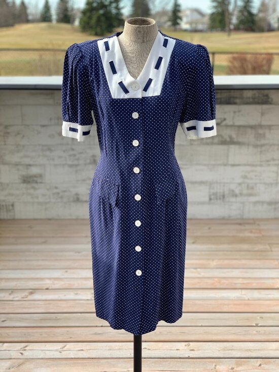 Vintage Dresses & Skirts - Vintage Polka Dot Shirtwaist Dress S/M Navy White Button Modest Rockabilly Pinup